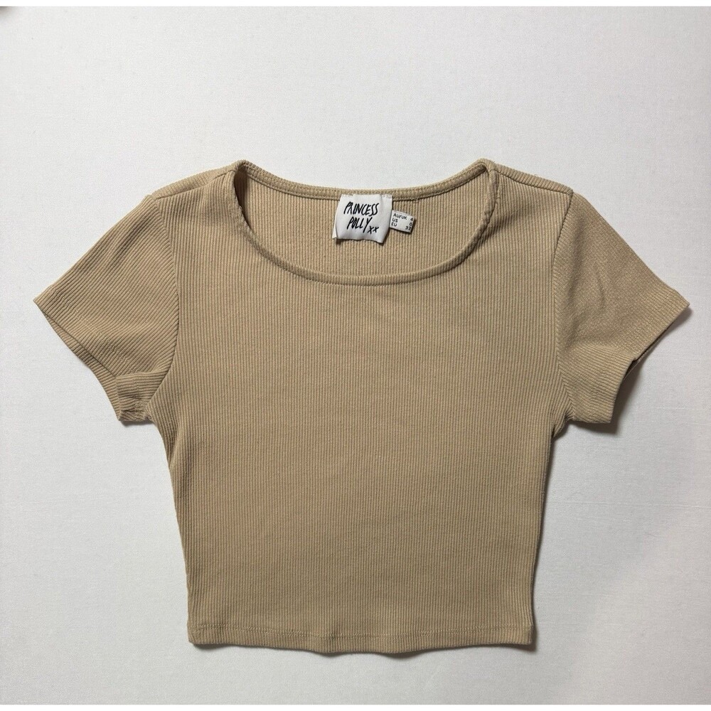 Princess Polly Top Women’s Ribbed Beige Taupe Short Sleeve Crop Top Size 0
